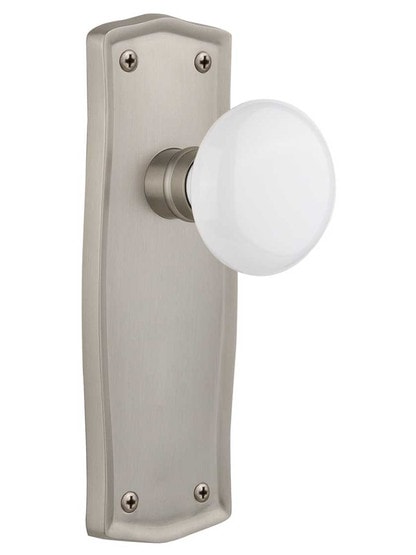 Prairie Door Set with White Porcelain Knobs - No Keyhole in Satin Nickel .